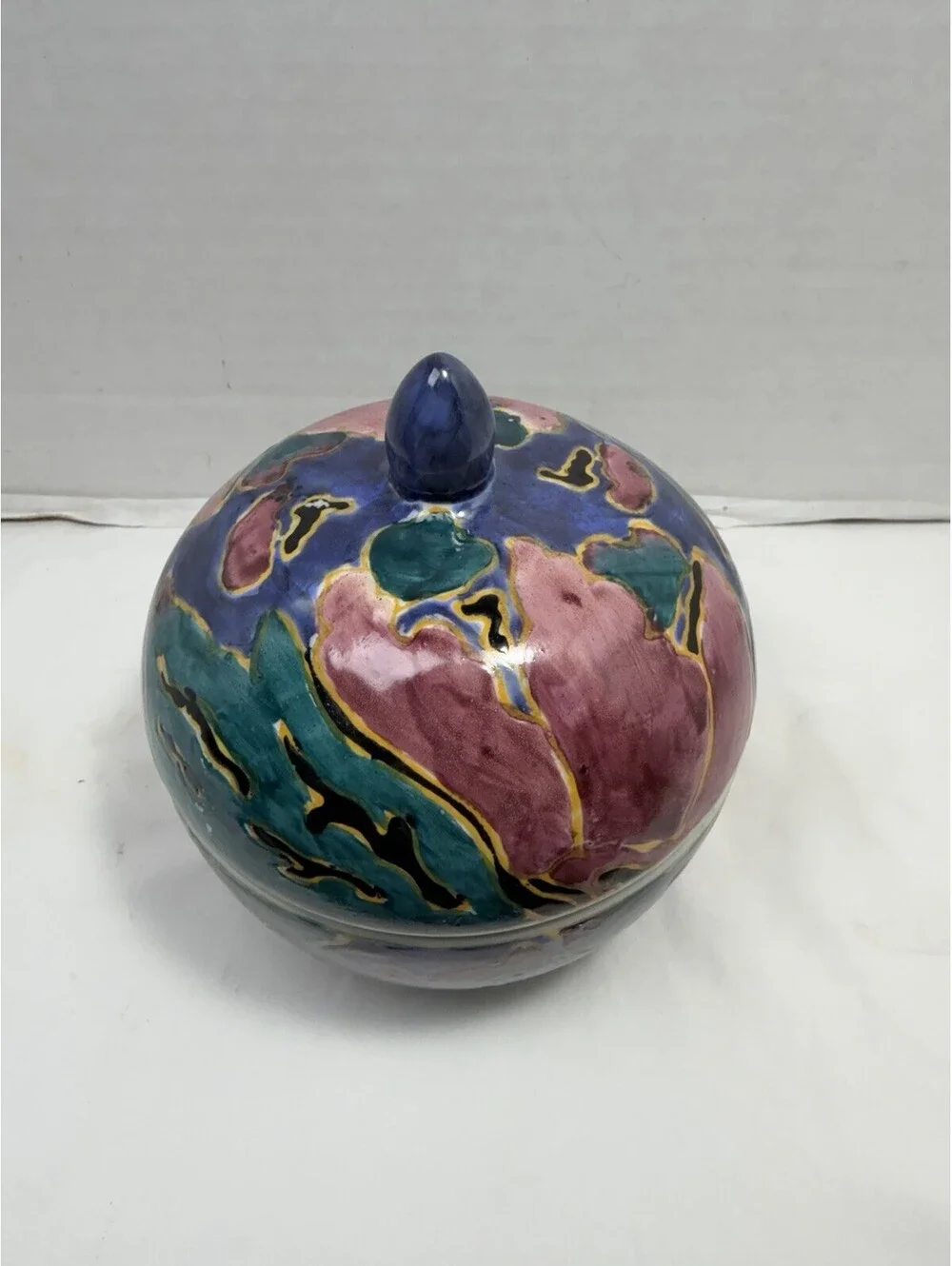 Vintage Hand Painted Studio Pottery Lidded Round Dish Abstract Glaze Ceramic